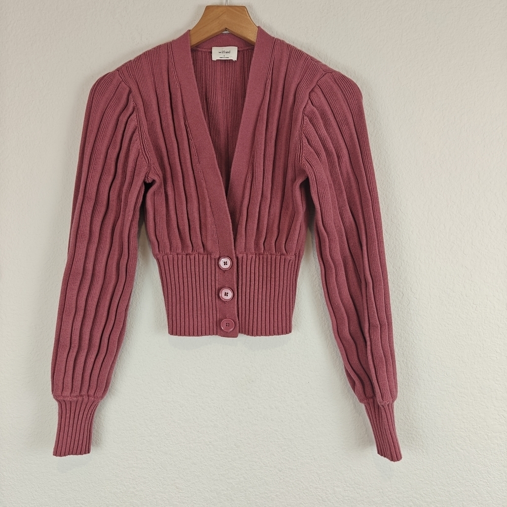 Aritzia Wilfred Merino wool Plunge Front V-neck cardigan Mauve Sz Small